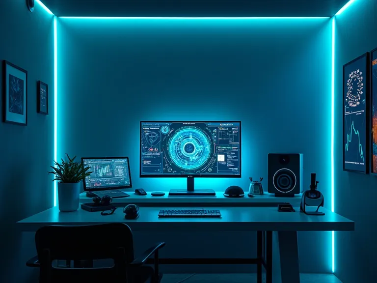 Desk with a monitor and blue lighting in a tech space